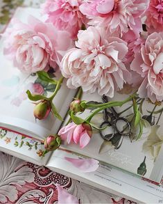 pink flowers are sitting on top of an open book with the words happy sunday written in it