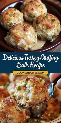 two pictures with different types of food on them and the words delicious turkey stuffing balls recipe