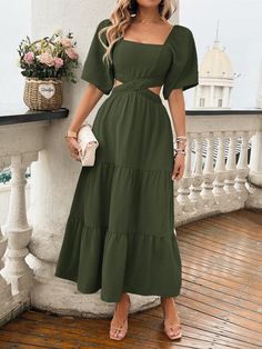 Ladies' Plain And Simple Short Sleeve Summer Casual Dress Maxi Women Outfit Army Green Casual  Short Sleeve Woven Fabric Plain A Line Non-Stretch  Women Clothing, size features are:Bust: ,Length: ,Sleeve Length: Summer Casual Dress, Simple Dress Casual, Long Green Dress, Women Maxi, Vestido Casual, Women Long Dresses, Casual Summer Dresses, Long Dresses, Simple Dresses