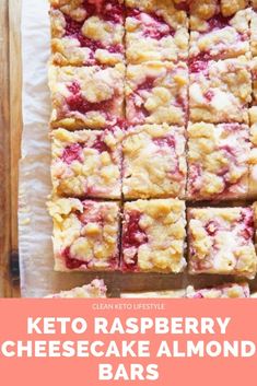 keto raspberry cheesecake almond bars with text overlay