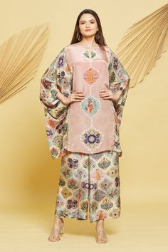 Shop for Rajat K Tangri Multi Color Crepe Mughal Jaal Pattern Kaftan Tunic And Pant Set for Women Online at Aza Fashions Mughal Patterns, Mughal Jaal, Mughal Motifs, Kaftan Tunic, Kaftan Style, Co Ord Set, Pant Set, Bat Wings, Set For Women