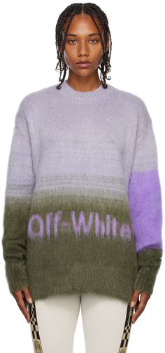 Shag knit mohair and nylon-bend sweater. · Rib knit crewneck, hem, and cuffs · Logo and graphic knit throughout Supplier color: Military lilac Purple Mohair Sweater For Fall, Lavender Knit Sweater, Black Nike Sweatshirt, Purple Crew Neck Knit Sweater, Black Blazer Style, Purple Hand-knitted Winter Sweater, Pink Cashmere Sweater, Lilac Mohair Sweater, Off White Clothing