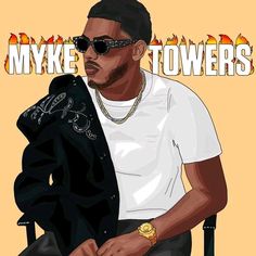 a drawing of a man sitting in a chair wearing sunglasses and a white t - shirt with the words myke towers on it