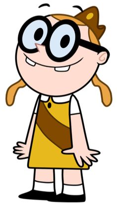 a cartoon girl wearing glasses and a yellow dress