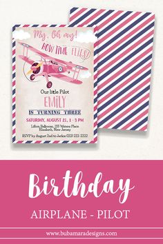 an airplane birthday party with pink and blue stripes on the bottom, and a pink striped envelope