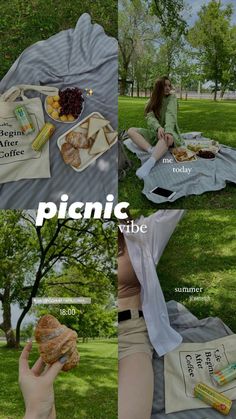 a woman sitting on the grass with food in her lap and picnic bags around her