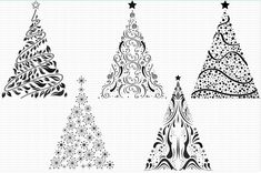 christmas tree stencils are shown in black and white, with different designs on them