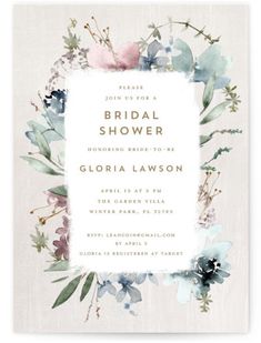 the floral bridal shower card is shown in white with blue, pink and green flowers