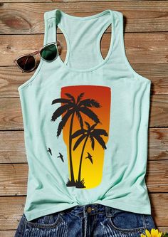 Coconut Tree Sunrise Tank ZNF08 Vacation Tank Top, Custom Tanks, Custom Tank Tops, Tank Top Outfits, Casual Tanks, Palm Tree Print, Coconut Tree, Casual Tank Tops, Tank Top Designs