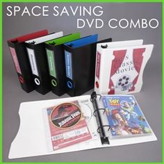 four dvd's and binders sitting on top of a white board with the title space saving dvd combo