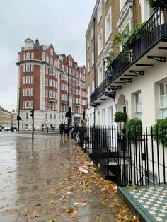 the sidewalk is wet and has fallen leaves on it