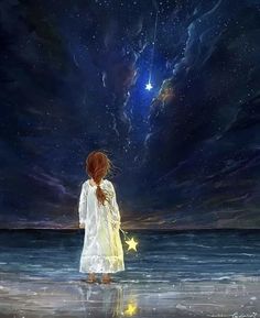 a painting of a girl standing in the water looking at the stars above her head