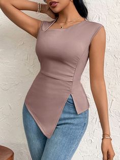 Women's Summer Simple & Elegant Daily Life Solid Color Short Sleeve Tight T-Shirt With Roll-Up Cuff & Cinched Waist, Suitable For Holiday Dating & Hanging Out With Sisters Pink Casual  Sleeveless Knitted Fabric Plain  High Stretch  Women Clothing, size features are:Bust: ,Length: ,Sleeve Length: Tight T Shirt, Elegant Style Women, Dinner Dress Classy, Fashion Top Outfits, Stylish Work Attire, Trendy Blouses, Classy Casual Outfits, African Design Dresses, African Print Fashion