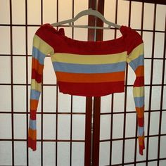 Colorful Striped Off Shoulder Knit Top Cider Cropped Rainbow Nwt Multicolor Long Sleeve Stretch Crop Top, Multicolor Stretch Long Sleeve Crop Top, Retro Red Crop Top For Spring, Casual Multicolor Crop Top For Fall, Fitted Multicolor Crop Top For Fall, Off Shoulder Knit Top, Cider Tops, Off Shoulder Top, Marc Fisher