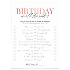 Would She Rather Birthday Game For Her by LittleSizzle Best Friend Birthday Games, Party Games Fir Birthday, 17 Birthday Party Games, 15 Bday Party Games, 16 Bday Games, Birthday Party Inside Games, Birthday Party Question Games, Home Birthday Party Games, Birthday Games Who Knows Me Best