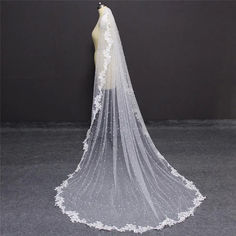 Romantic one-layer bridal veil, adorned with simulated pearl beadwork and delicate lace appliques along the edges. Various lengths available. White or Ivory Wedding Veil With Lace, Veil With Lace, Ivory Bridal Veil, Beaded Veils, Layered Veil, Pearl Veil, White Veils