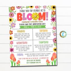 "Floral Bloom Grow Garden Theme Teacher Appreciation Week Itinerary Flyer Template. Use this schedule of events for your appreciation week!  Works great for schools, churches, hospitals, businesses and more!  All text is editable so you can use for nurse appreciation, employee/staff appreciation and more! TEMPLATE FORMATTED SIZE: 8.5\" x 11\"  IMPORTANT: This is a DIY self-editing digital, printable product - I do not edit this file for you.  However, I do offer editing services at an extra char Themed Appreciation Week, After School Appreciation Week, Teacher Appreciation Week Themes For Students, Teacher Appreciation Week Ideas Student, Teacher Appreciation Growing Theme, Bloom Teacher Appreciation Week, Teacher Appreciation Theme Days, Staff Appreciation Events, Garden Teacher Appreciation Week