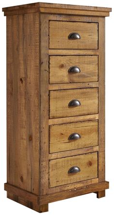 a wooden chest with five drawers and metal knobs