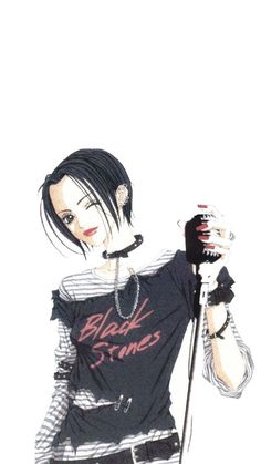 a drawing of a woman with black hair holding a microphone and wearing a t - shirt