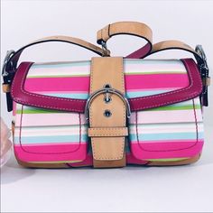 Rare, Retired Coach Hampton Stripe Handbag. Nwot! Registration - No L043-1886. Comes With Registration And Care Pamphlets. Vachetta Leather And Sateen Fabric. Bright Pink And Tan Leather At Handle, Base, Closure Strap And Trim. Pink, Blue, Lime And Cream Striped Sateen Fabric Body. Dark Green Khaki Interior. Logo Embossed Chrome Hardware. Logo Hangtag. Flap Closure W/Buckle And Snap. Two Exterior Pockets. Interior Zipper Pocket. Utility Pockets. Reversible, Adjustable Strap. L-11” W-3 1/2” H-6”. Multicolor Travel Bags With Branded Hardware, Travel Bags With Branded Hardware In Multicolor, Multicolor Top Handle Bag With Branded Hardware, Multicolor Shoulder Bag With Branded Hardware, Retro Leather Bags With Branded Hardware, Retro Coach Shoulder Bag For Travel, Chic Multicolor Bag With Branded Hardware, Coach Multicolor Top Handle Shoulder Bag, Multicolor Coach Top Handle Shoulder Bag