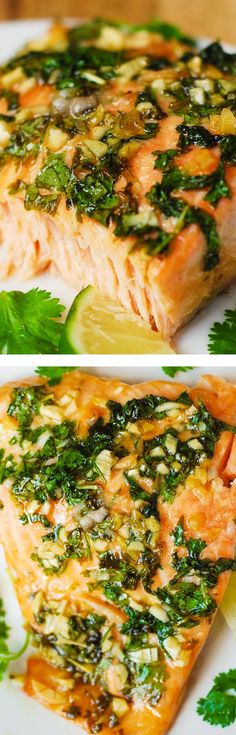 two pictures of salmon with herbs on top