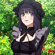 an anime character with long black hair and blue eyes wearing a corset in front of flowers