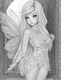 a beautiful fairy girl with long hair and wings, standing in front of an ornate background