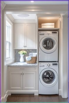 a washer and dryer in a white laundry room with purple trim around the edges