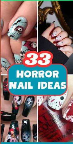 Halloween Movie Nail Designs, Scary Halloween Nails Design Short, Scary Movie Nail Art, Horror Nail Art Designs, Horror Movie Nails Short, Halloween Horror Nights Nails, Halloween Nails Horror, Short Horror Nails, Rocky Horror Picture Show Nails