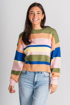 Boxy striped sweater olive multi - Cute sweater - Trendy Cardigans & Stylish Kimonos at Lush Fashion Lounge Boutique in Oklahoma City Trendy Sweater, Trendy Sweaters, Cute Sweater, Women's Boutique, Oklahoma City