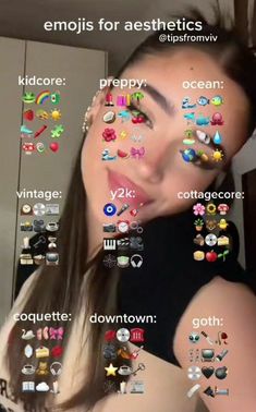 a woman with lots of emoticions on her face