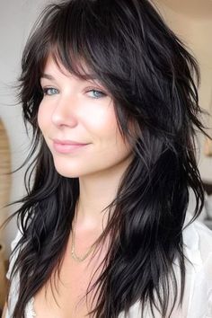 Shaggy Layers for Fine Hair Hairstyle on smiling woman with long dark brown hair. Layers For Fine Hair, Long Layered Shag, Long Choppy Hair, Long Dark Brown Hair, Haircut Options, Layered Shag, Shaggy Layers, Long Shag Hairstyles