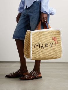 MARNI Sillo medium webbing-trimmed embroidered raffia tote bag Designer Straw Tote Bag For Vacation, Designer Straw Bag With Handles For Vacation, Designer Beach Straw Bag With Handles, Designer Straw Bag For The Beach, Designer Beach Straw Bag, Designer Double Handle Straw Beach Bag, Natural Straw Tote Bag For Errands, Summer Straw Bag With Leather Handles For Errands, Natural Color Straw Tote Bag For Errands