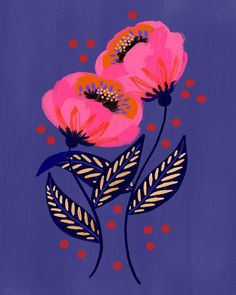 two pink flowers on a blue background with red and yellow dots in the bottom right corner