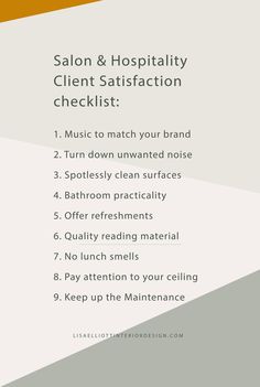 the salon and hospital client satisfaction checklist is shown in orange, white, and grey