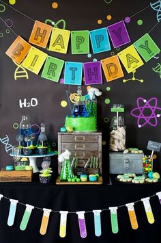 a birthday party with science themed decorations