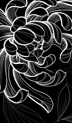 an abstract black and white drawing of flowers