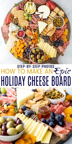 a platter filled with cheese, olives and meats for a holiday cheese board