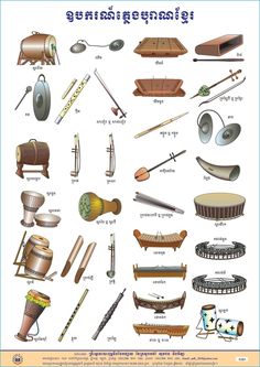 various types of musical instruments and their names in thai language, with pictures of them