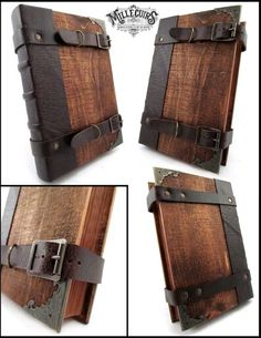 four different views of a wooden box with leather straps and buckles on the sides