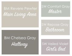 some gray and white paint colors with names on them