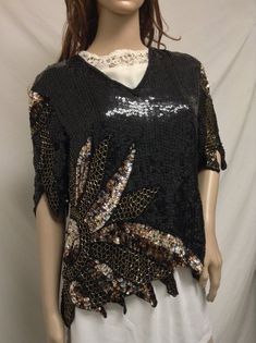 Beaded top,sequin top, 80's Beaded top, Medium, Black, Gold, Xoanon Stretch Tops With Contrast Sequin For Night Out, Sequin Stretch Tops For Holidays, Stretch Sequin Blouse For Party Season, Holiday Sequined Stretch Tops, Holiday Sequin Stretch Top, Spring V-neck Party T-shirt, Stretch Contrast Sequin Tops For Party Season, Vintage Summer Party T-shirt, Black Party Top With Contrast Sequin