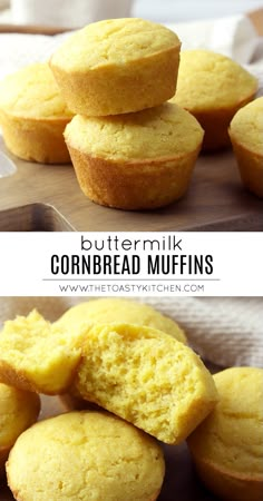 buttermilk cornbread muffins stacked on top of each other with the title