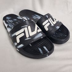 Brand New Without Box Fila Sleek Slide Sandals: Contoured Footbed Traction Lined Footbed One Piece Synthetic Foam Construction Color: Black/White Marble Size: 12 Men's Original Msrp Of $29.99! Casual Black Flip Flops For Streetwear, Black Flip Flops For Summer Streetwear, Black Open Toe Flip Flops For Streetwear, Shoes Fila, Fila Shoes, Black And White Marble, 12th Man, White Marble, Flip Flop Sandals