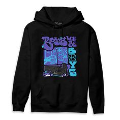 Aqua-6s-Hoodie-Match-Boys-Will-Be-Boys Black Cotton Hoodie With Graffiti Print, Winter Black Hoodie With Graphic Design, Winter Black Graphic Hoodie, Winter Graphic Design Black Hoodie, Black Hooded Sweatshirt With Graphic Design, Black Cotton Hoodie With Graphic Design, Black Relaxed Fit Hoodie With Graphic Print, Jordan 1 Royal, Boys Will Be Boys