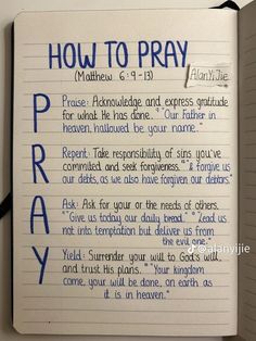 an open notebook with the words how to pray written on it