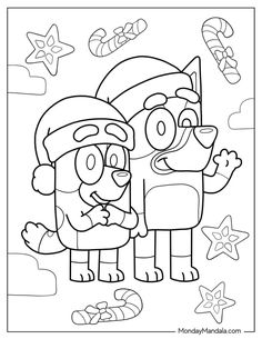 two cartoon characters are standing next to each other, one is wearing a santa hat and the other is holding a candy cane