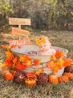 a baby sitting in a bucket with pumpkins and fall leaves around it, next to a welcome sign