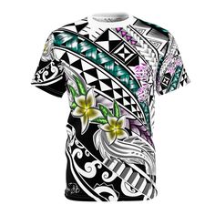 Tribal Polynesian Microfiber Jersey Tee. Plumeria flowers represent longevity and love.The plumeria flower symbolizes fresh starts, spring, and love. This design is completely hand-drawn by Anex SB. This t-shirt was designed to be a chic and adaptable partner for all of your informal get-togethers. It is the ideal combination for a hot day or layering thanks to its thick, microfiber-knit fabric, which has a distinctive texture and a luxurious, soft feel while being lightweight and extremely breathable. .: 100% Polyester .: Thin fabric (4.0 oz/yd² (113 g/m .: Regular fit .: Tagless .: Runs true to size .: Assembled in the USA from globally sourced parts Black Hawaiian Printed T-shirt, White Hawaiian Shirt With Sublimation Print, White Hawaiian Top With Sublimation Print, Multicolor Hawaiian Printed T-shirt, Multicolor Short Sleeve Hawaiian T-shirt, White Crew Neck T-shirt With Hibiscus Print, White Hibiscus Print Crew Neck T-shirt, White Hawaiian Tops With Custom Print, Hawaiian Style T-shirt With Sublimation Print