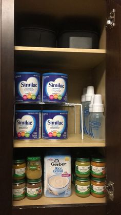 the shelves are stocked with various types of baby formulas and other items to choose from